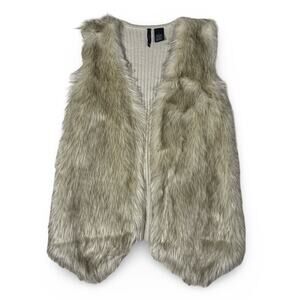 New Directions Faux Fur Vest L | Tan Knit Back Open Front Layering Fall Winter